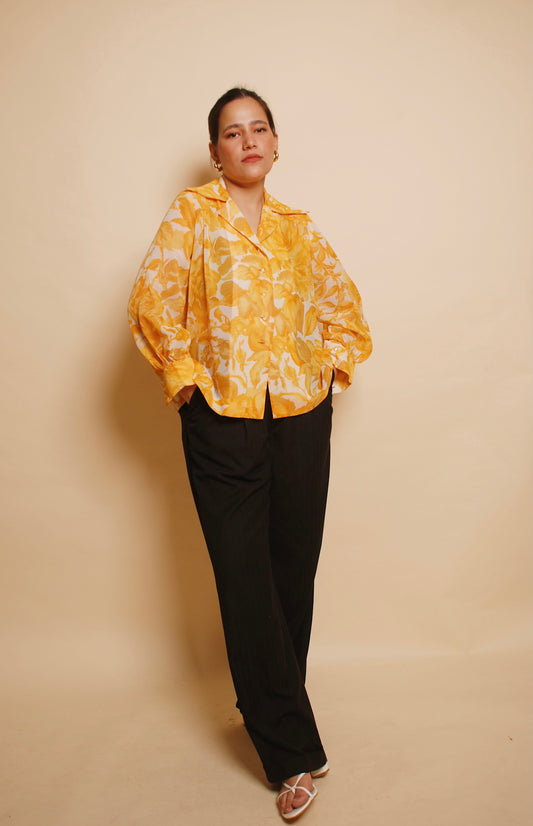 White & orange semi sheer floral shirt