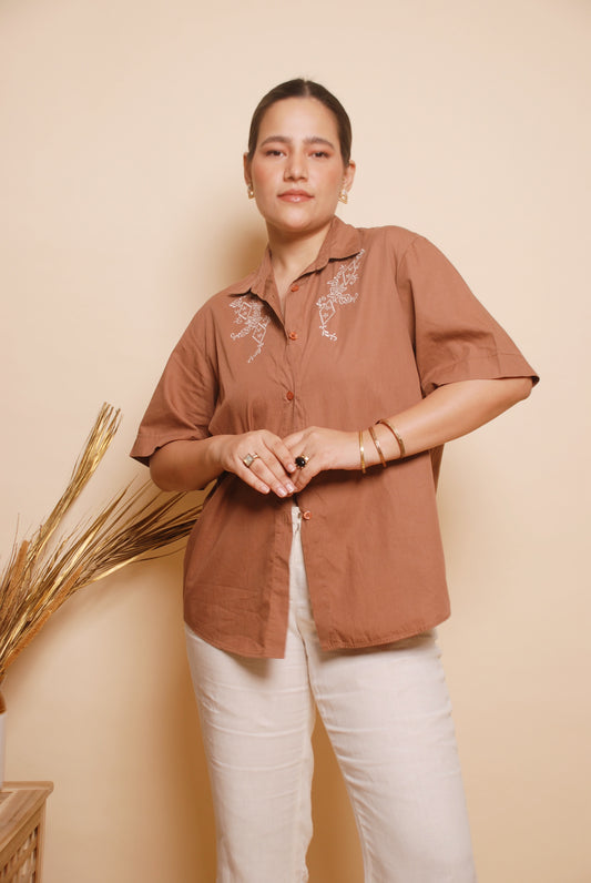 Brown Short Sleeve Embroidered Shirt