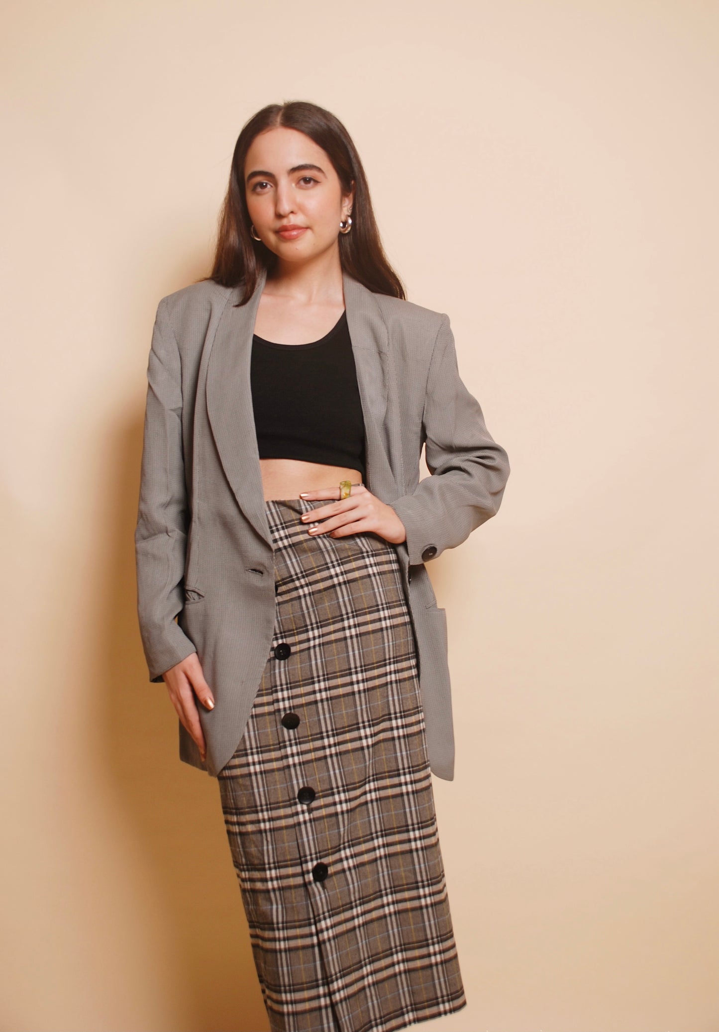 Vintage grey checkered one button long blazer