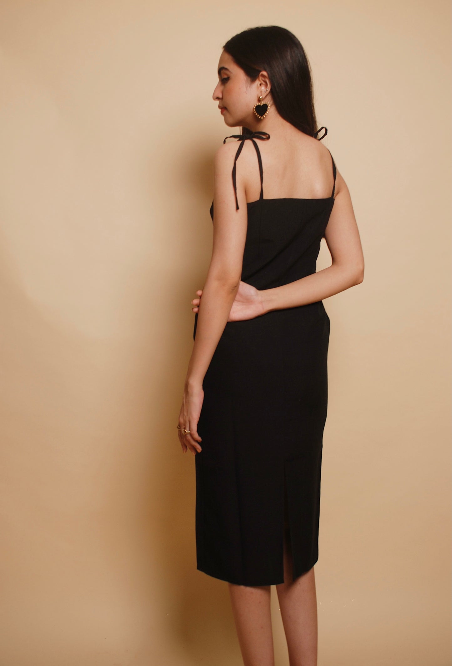 Black spaghetti strap midi dress with slit