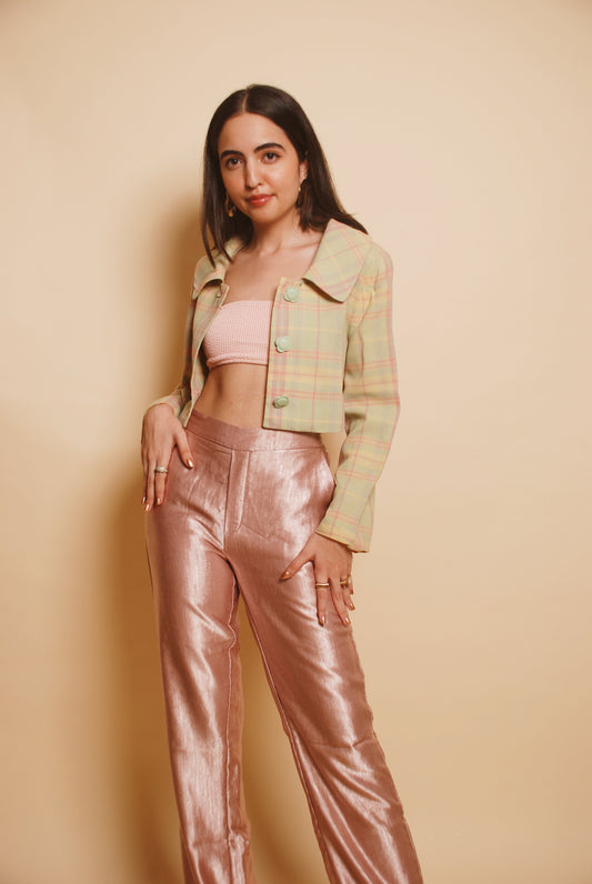 Pastel green & pink checkered cropped jacket