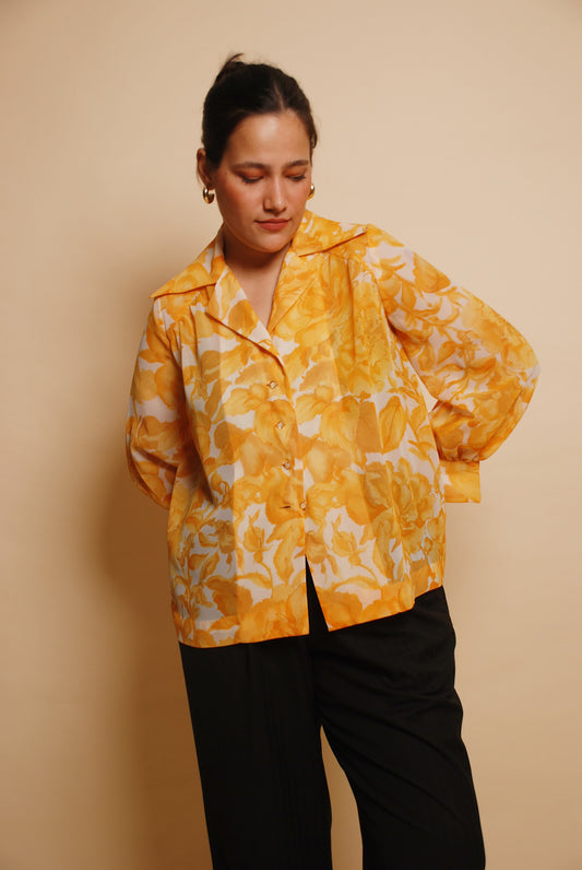 White & orange semi sheer floral shirt