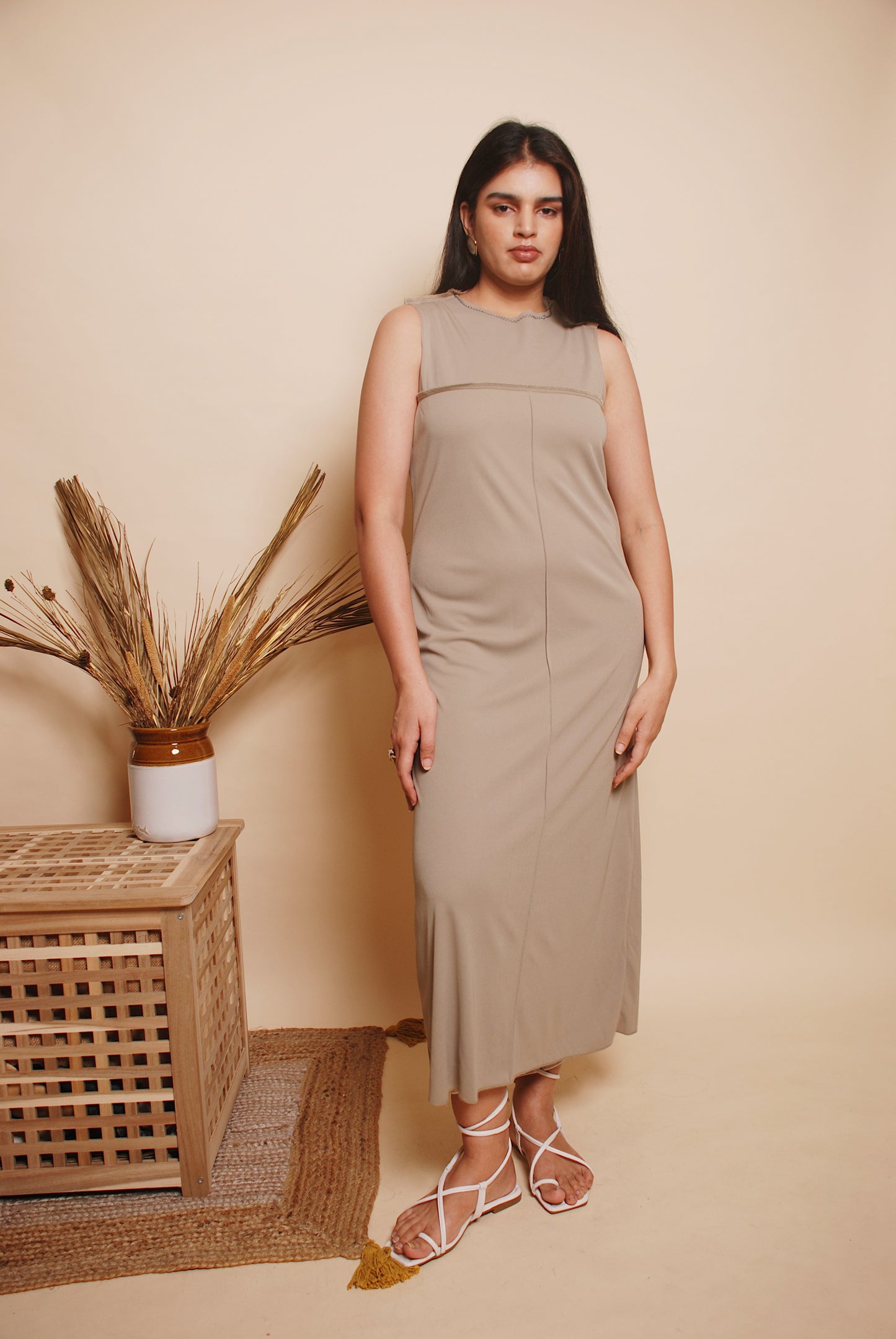 Sage green reverse stitch maxi dress