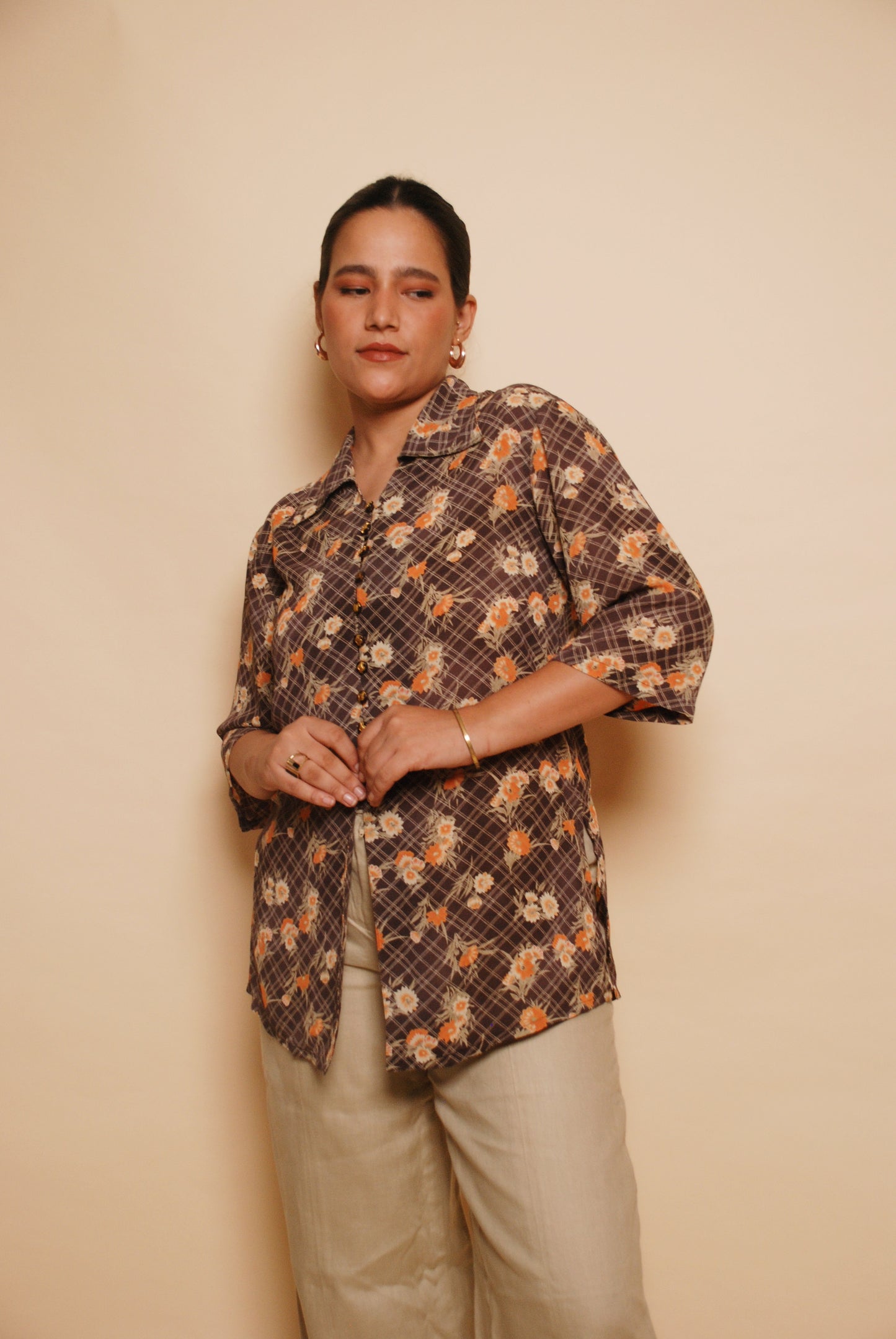 Brown checkered & floral short sleeve shirt