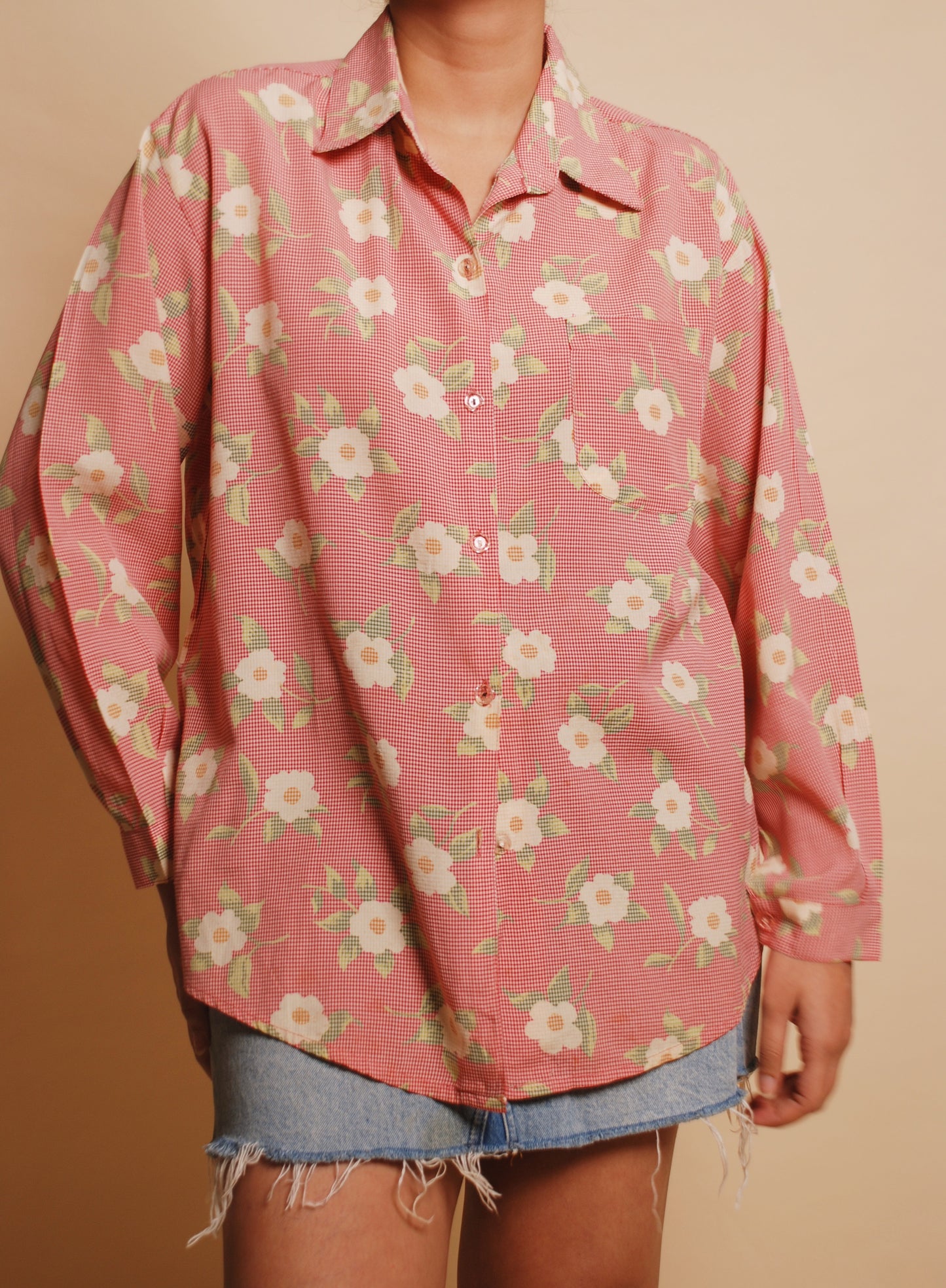 Pink checkered floral shirt