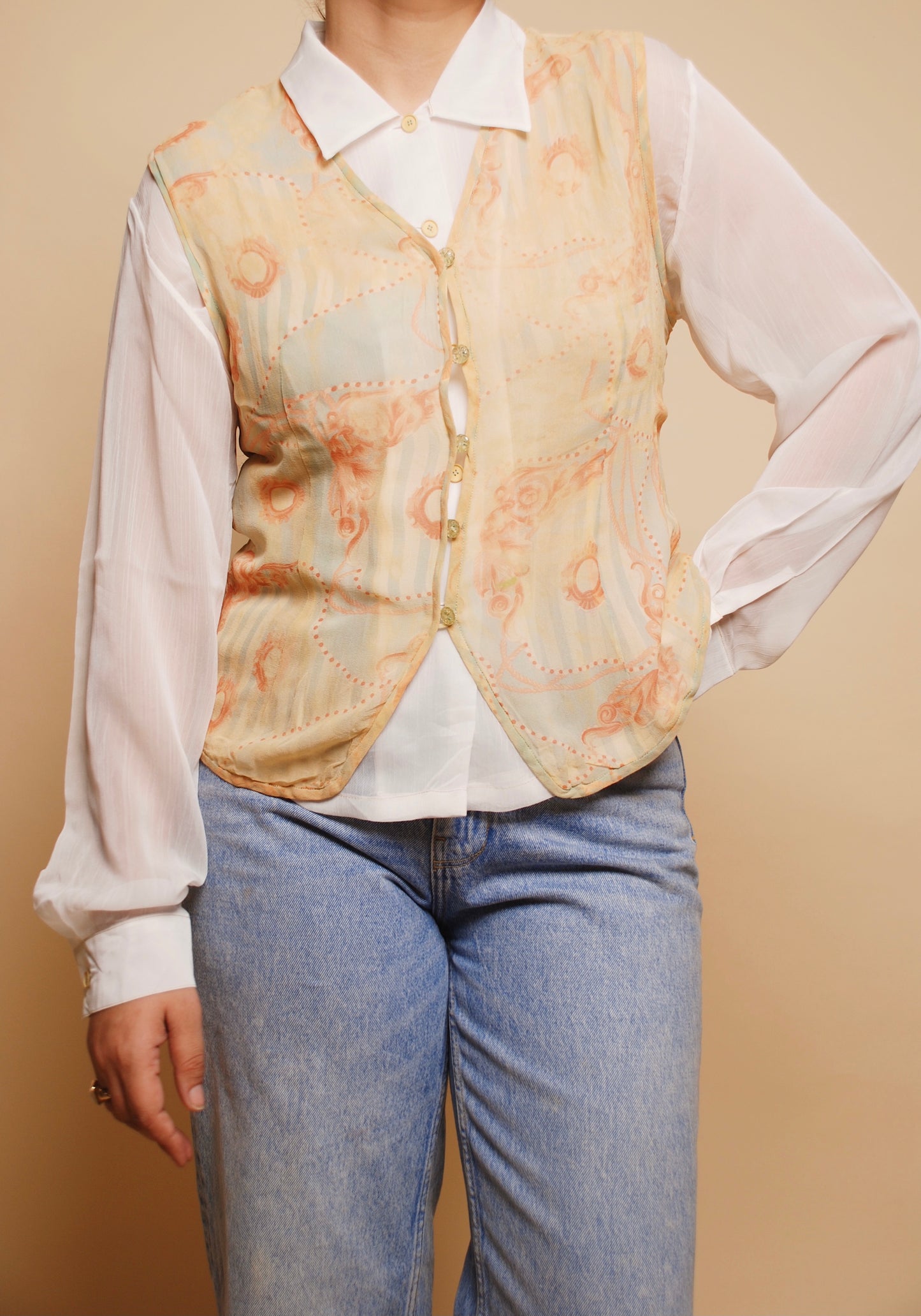 White shirt with attached printed waistcoat