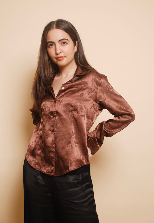 Brown embroidered floral shirt