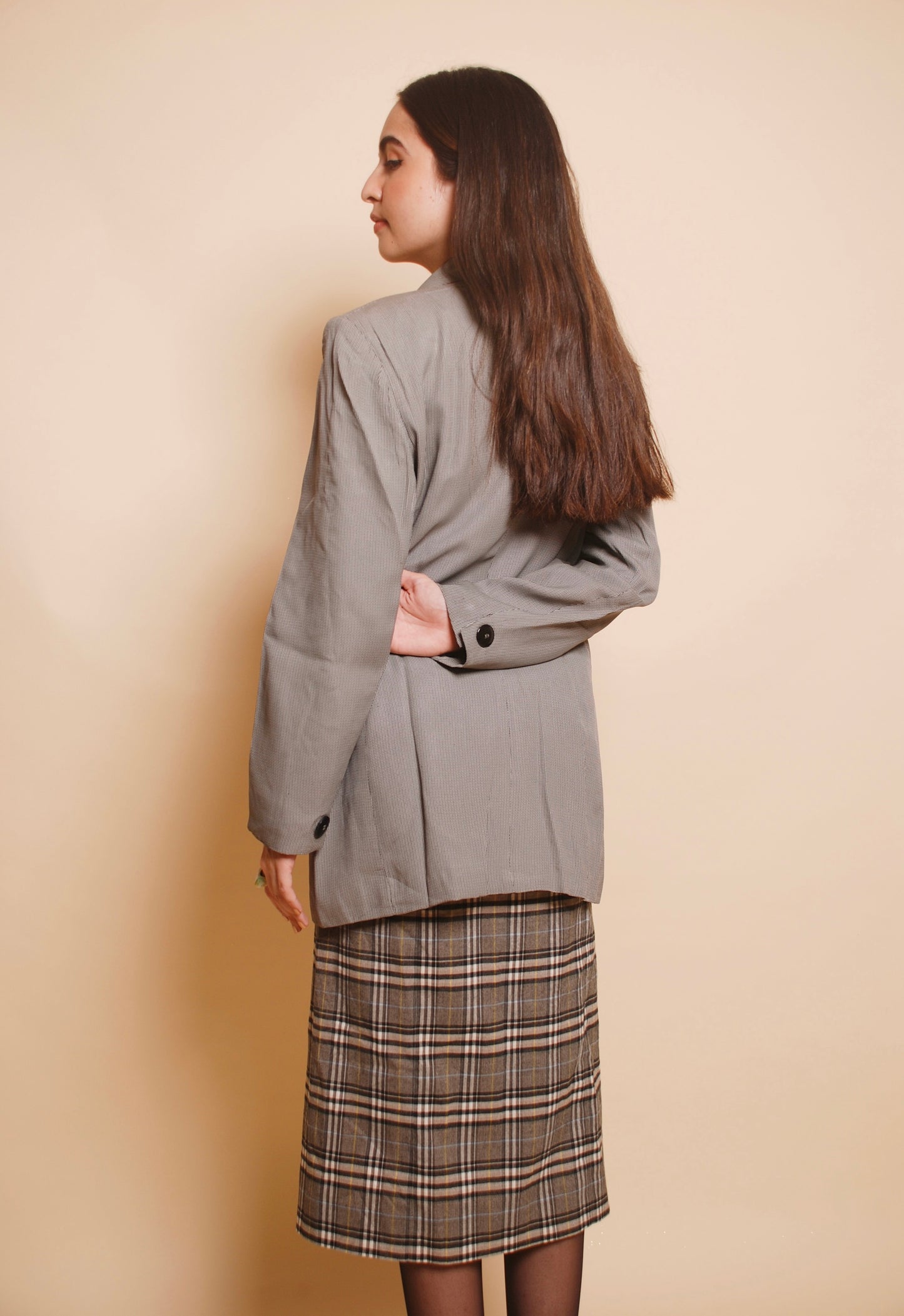 Vintage grey checkered one button long blazer