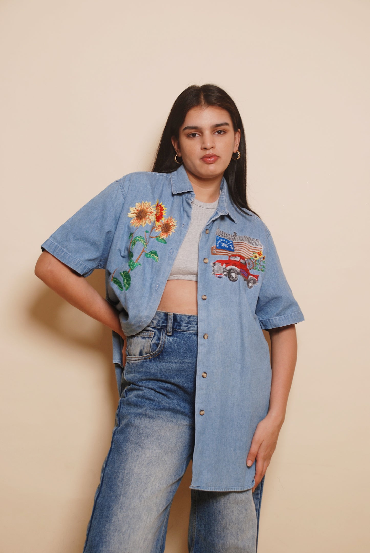 Vintage blue soft denim shirt with embroidery