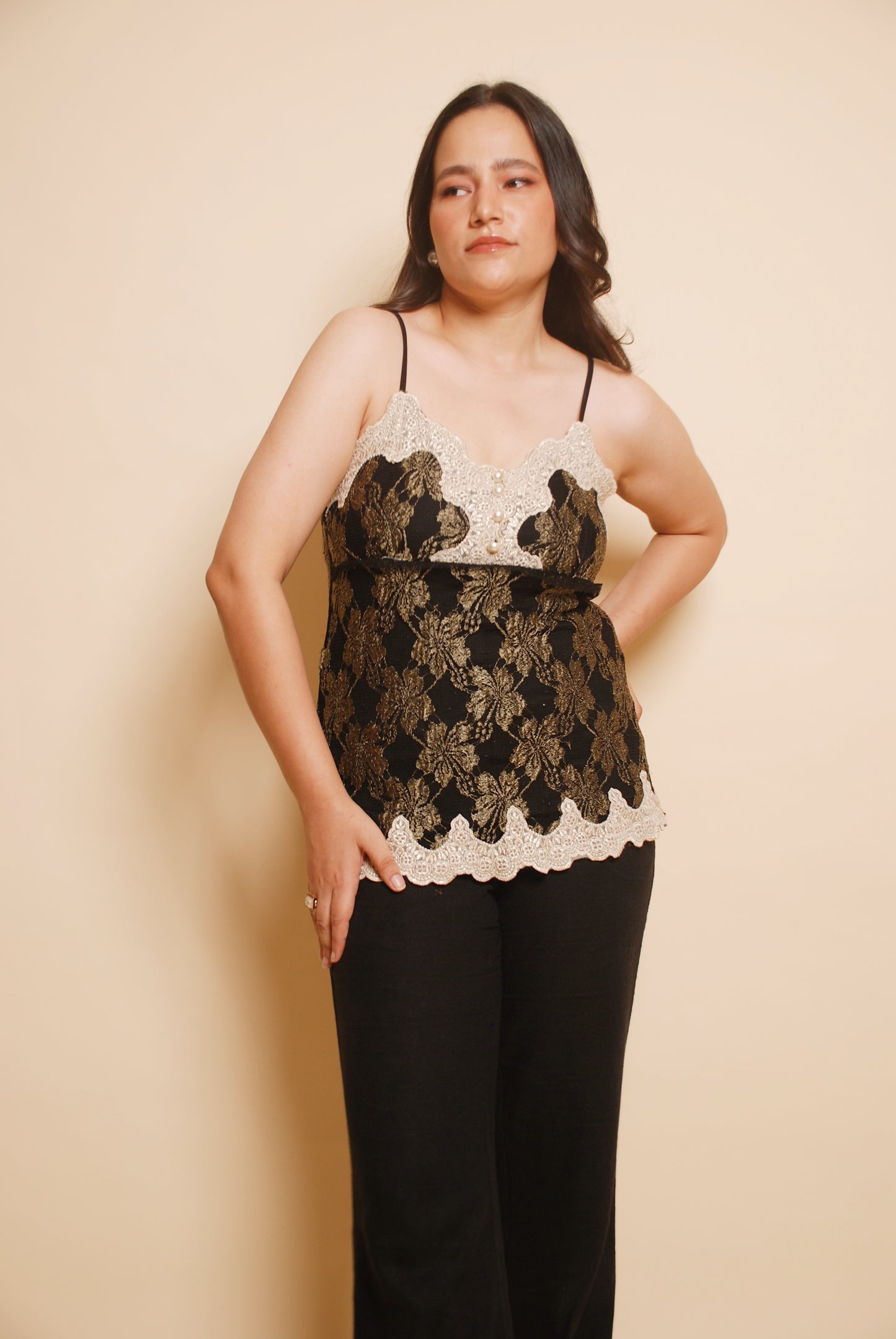 Black and gold spaghetti top with lace detailing