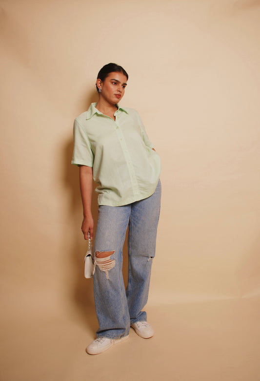 Mint green striped short sleeve shirt