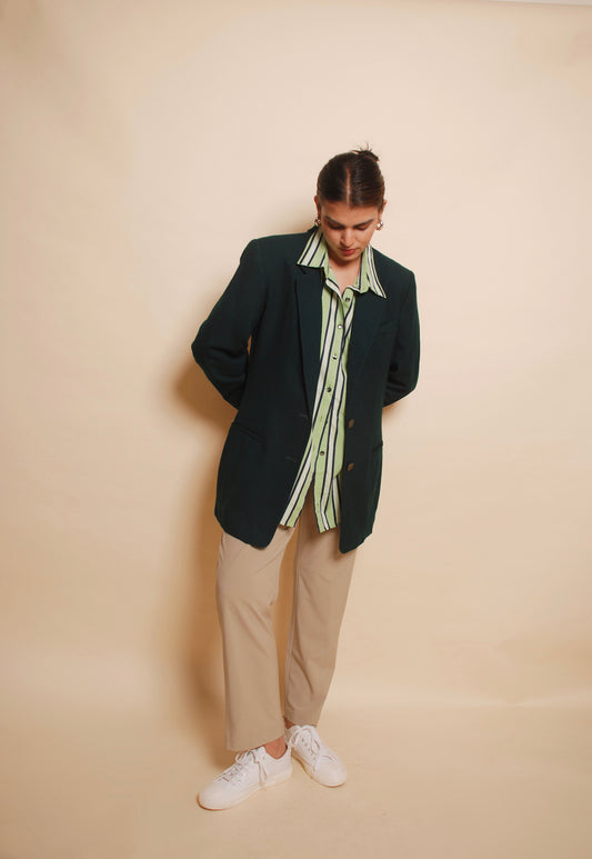 Juniper green full sleeve blazer with ornamental buttons