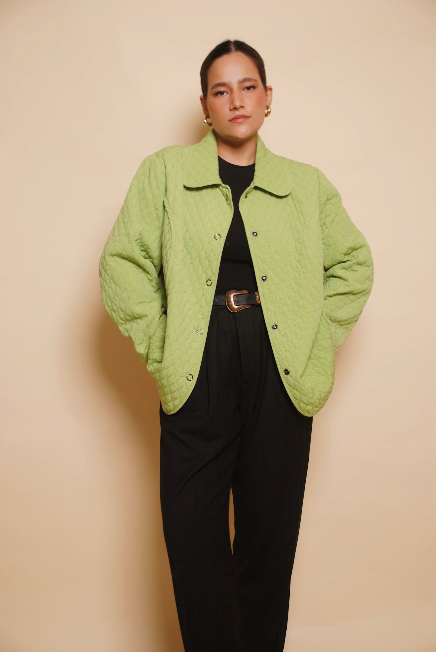 Green full sleeve quilted jacket