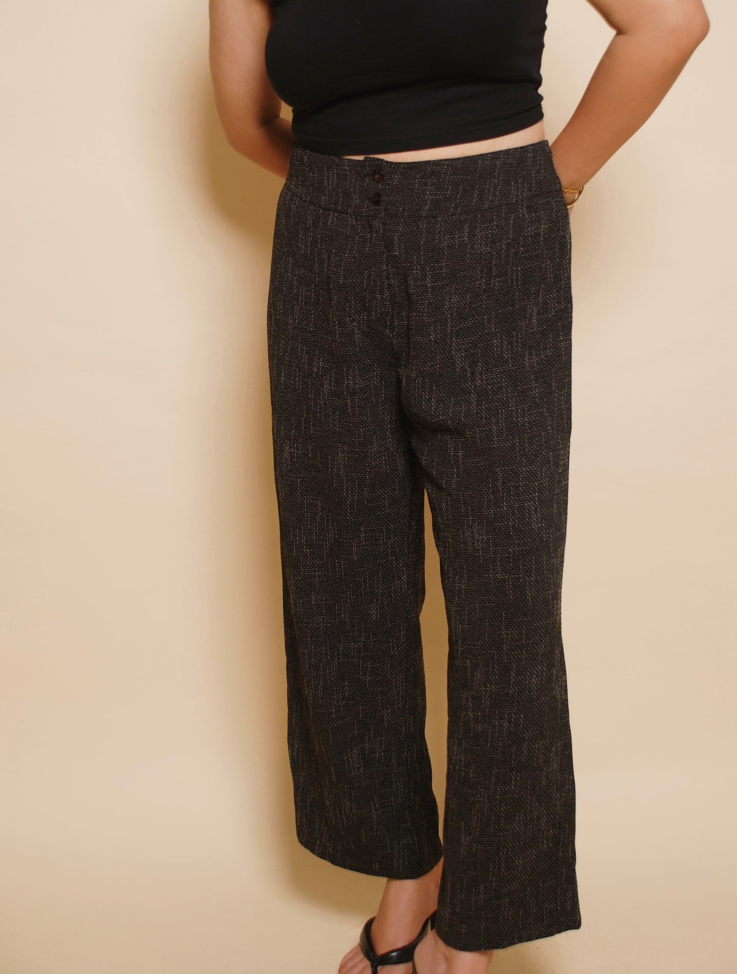 Black textured straight fit pants