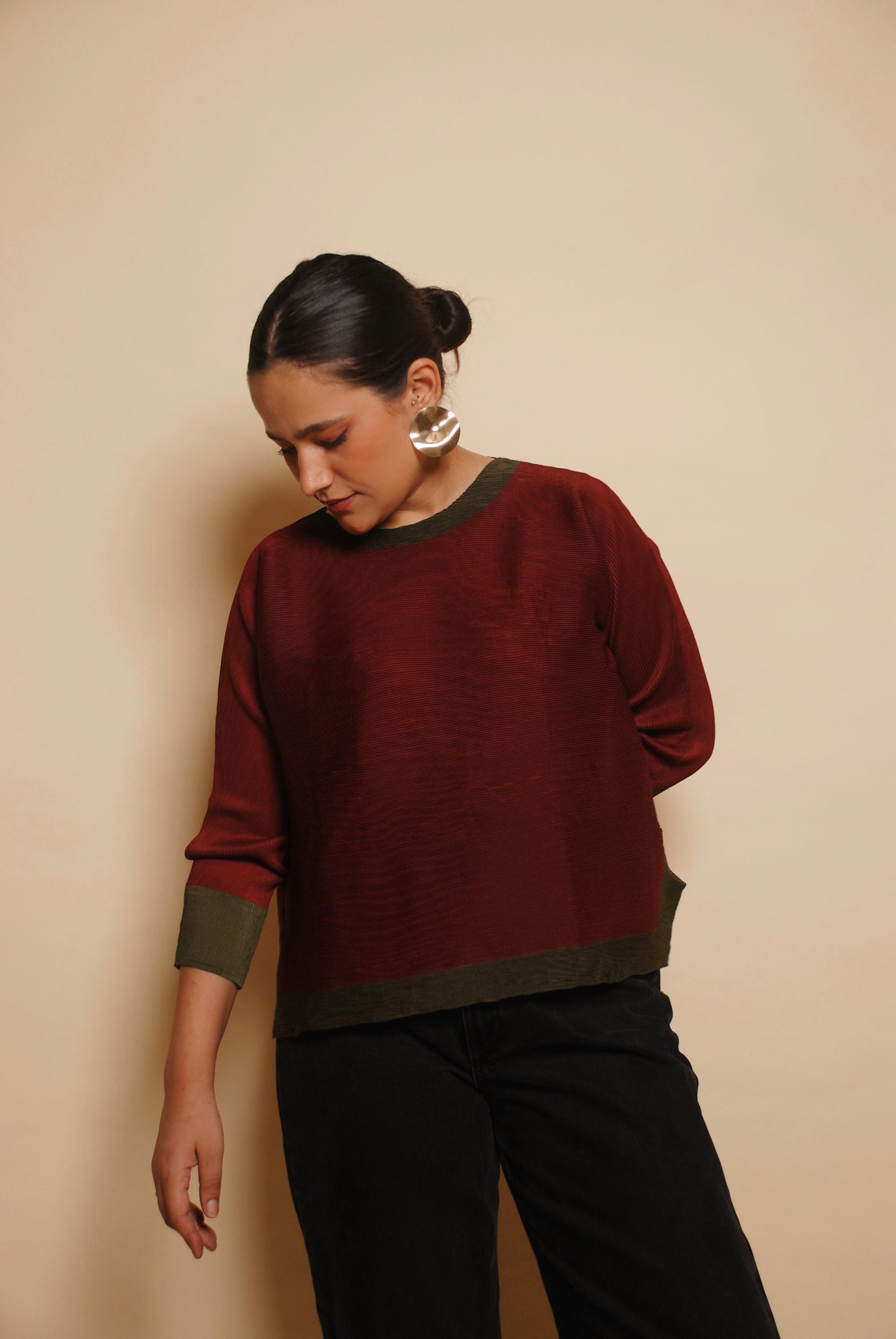 Maroon and green plisse top