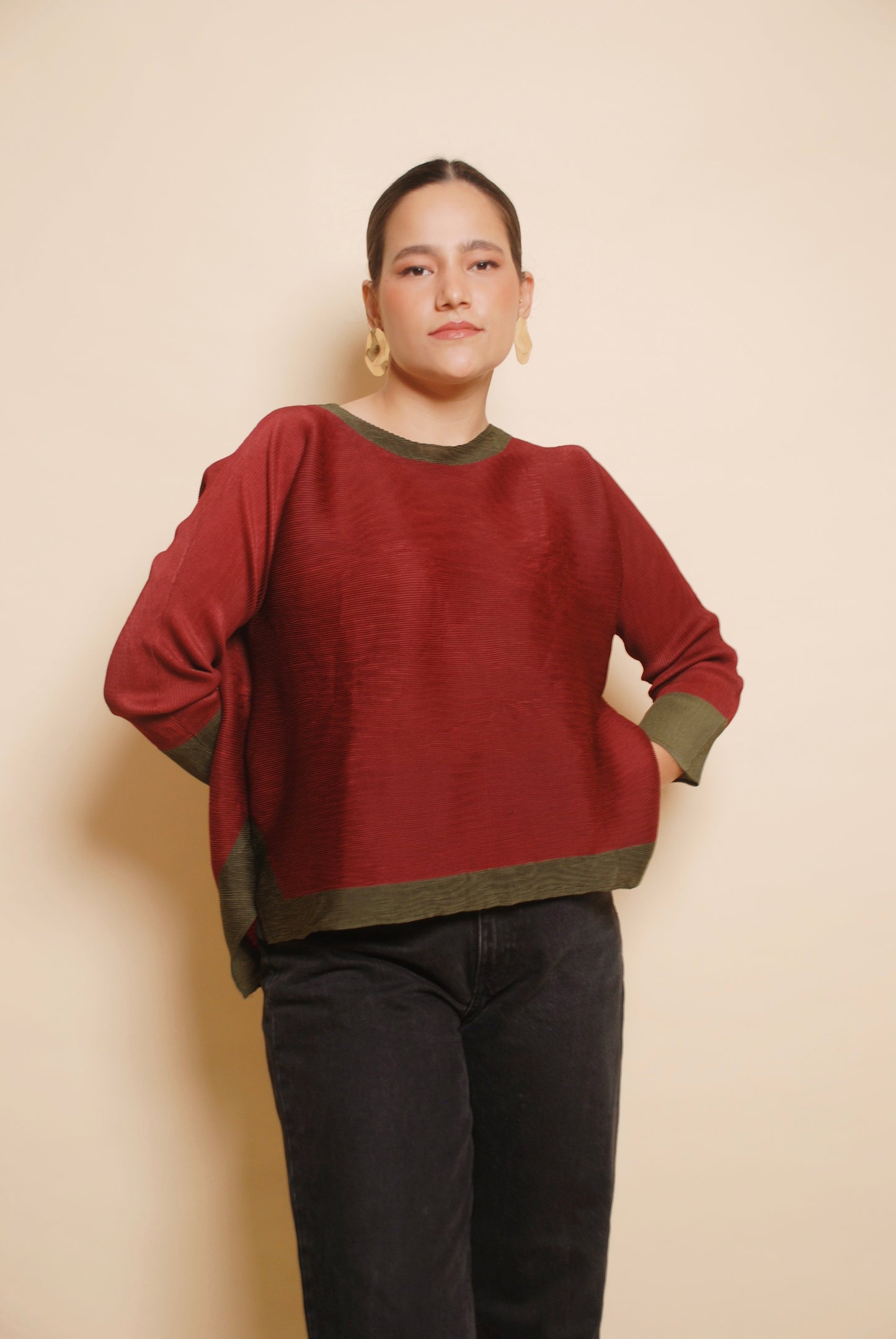 Maroon and green plisse top