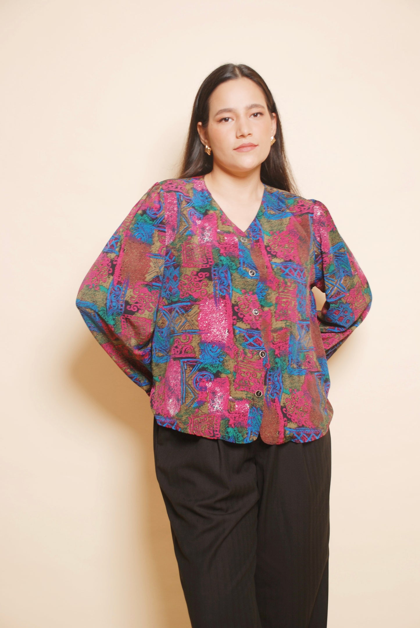 Multicolour printed blouse with puffed sleeves