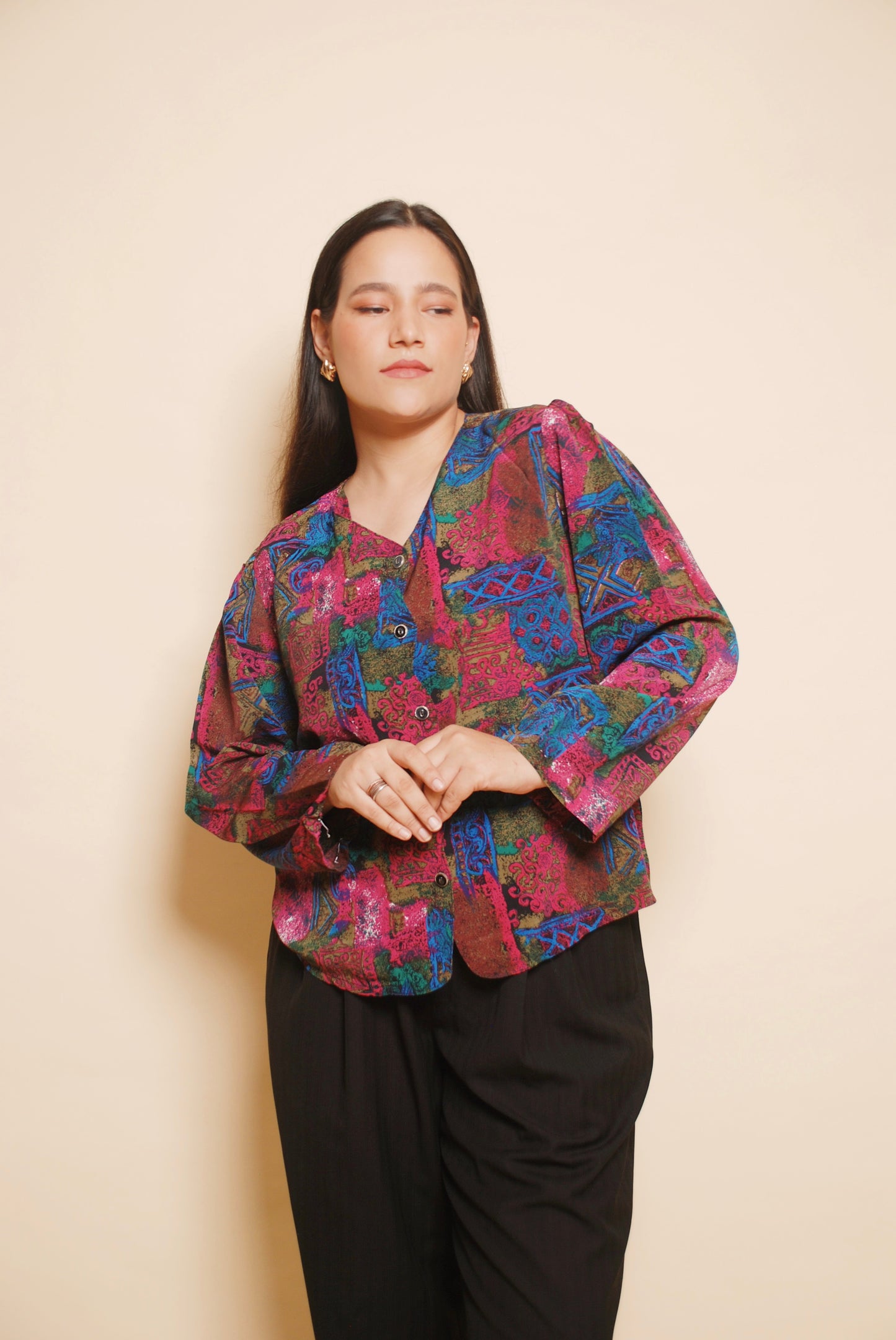 Multicolour printed blouse with puffed sleeves