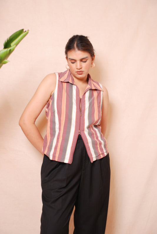 Vintage multicolor striped sleeveless zipper shirt